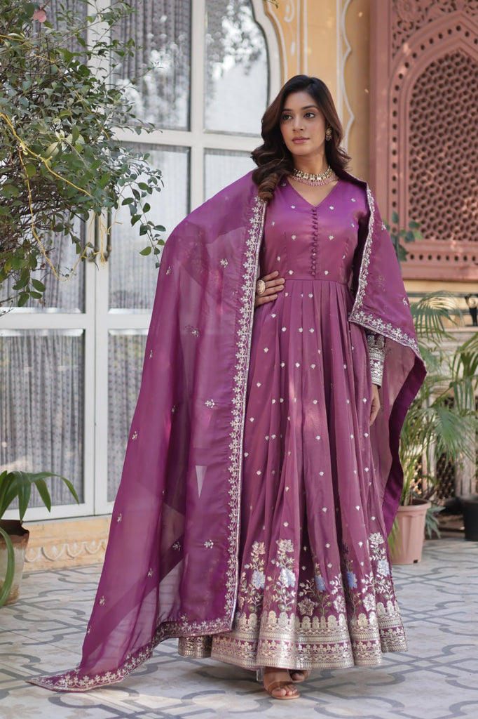 Onion & Peach Viscose Cosmos With Foil Embroidery Gown Set