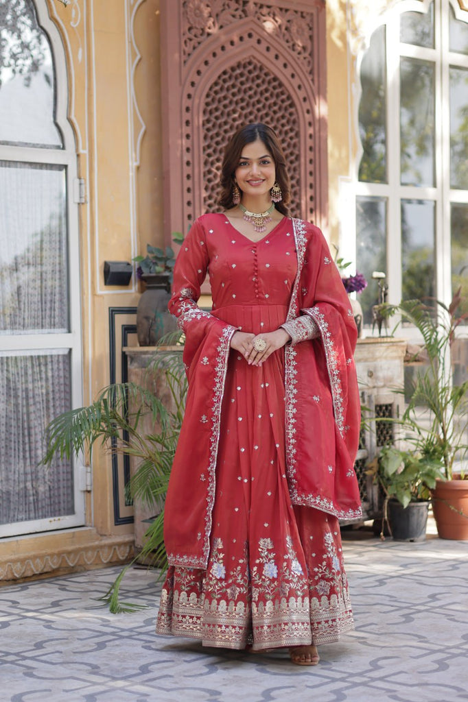 Onion & Peach Viscose Cosmos With Foil Embroidery Gown Set