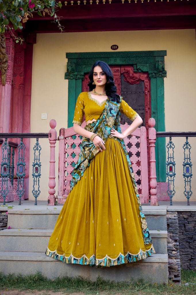 Vichitra Silk Sequins and Thread Embroidery Work With Kalamkari Print Border Lehenga Choli