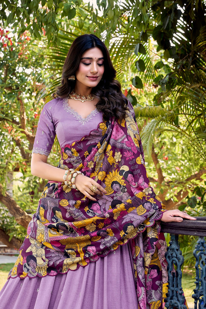 Vichitra Silk Sequins and Thread Embroidery Work With Kalamkari Print Border Lehenga Choli