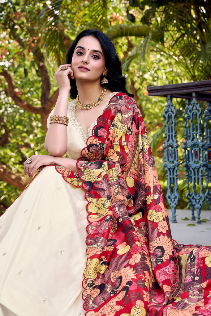 Vichitra Silk Sequins and Thread Embroidery Work With Kalamkari Print Border Lehenga Choli