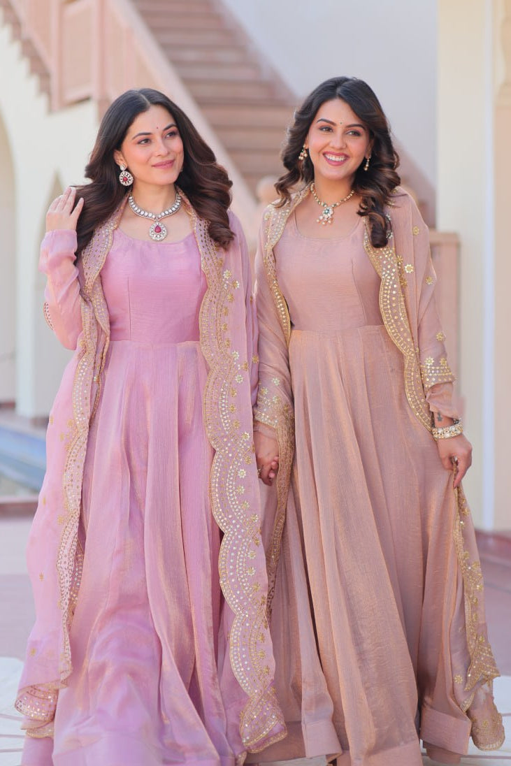 Onion & Peach Fendy Chiffon With Rich Sequins & Zari Embroidered Cut-Work