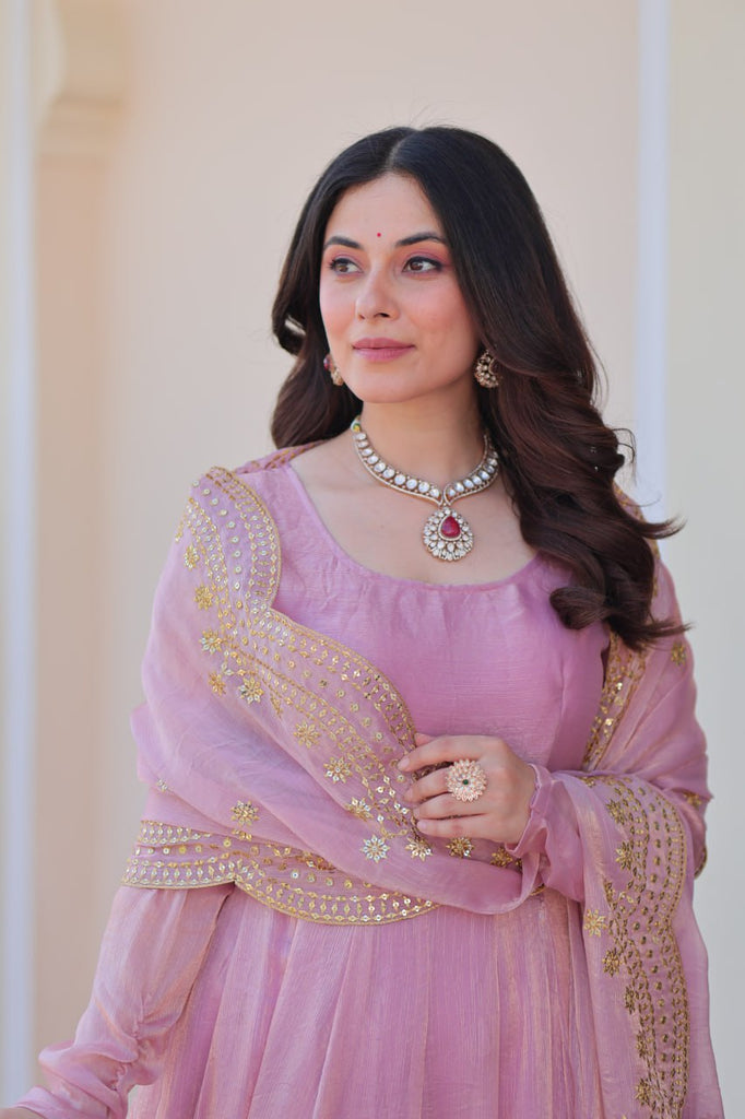 Onion & Peach Fendy Chiffon With Rich Sequins & Zari Embroidered Cut-Work