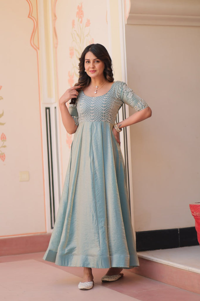 Pista & Skyblue Fendy With Beads Embroidered Work Gown