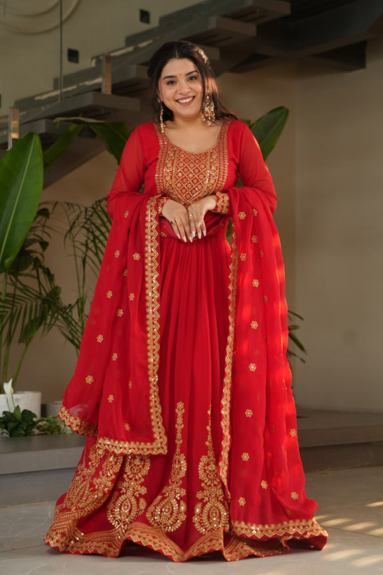 Red & Yellow Faux Blooming With Embroidery Zari Sequins Work Gown Set