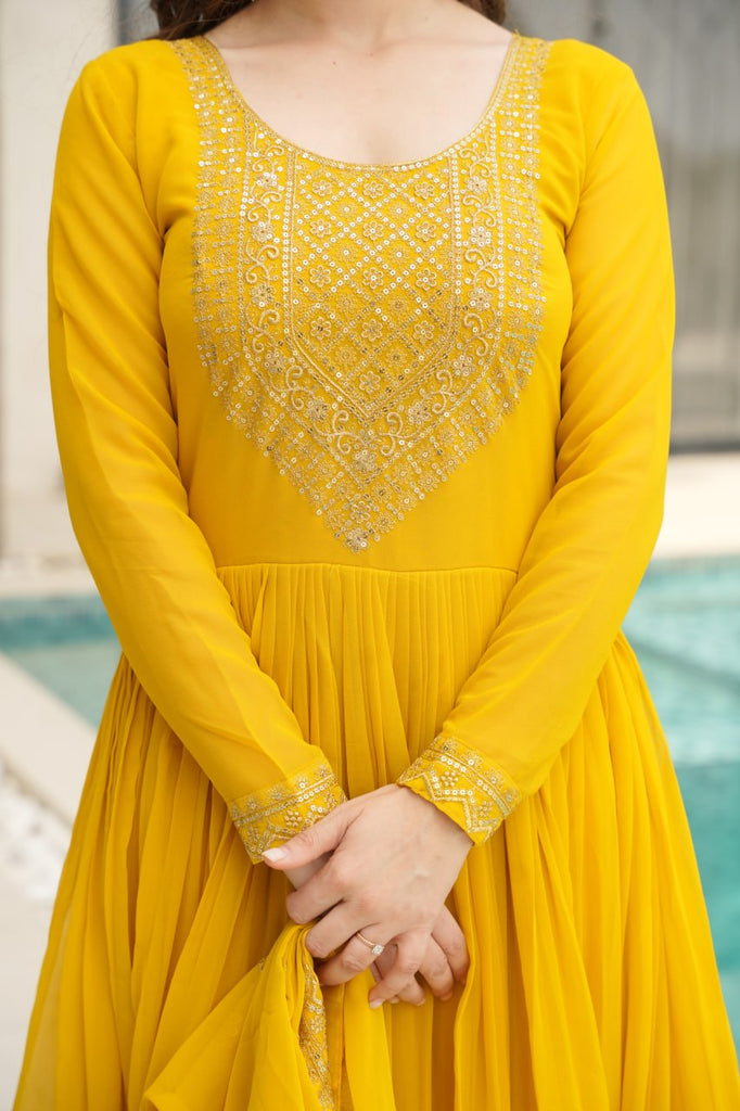 Red & Yellow Faux Blooming With Embroidery Zari Sequins Work Gown Set