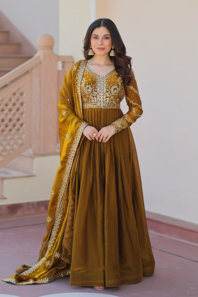 Orange & Mehendi Fendy Fabric With Zari Sequins Embroidered work