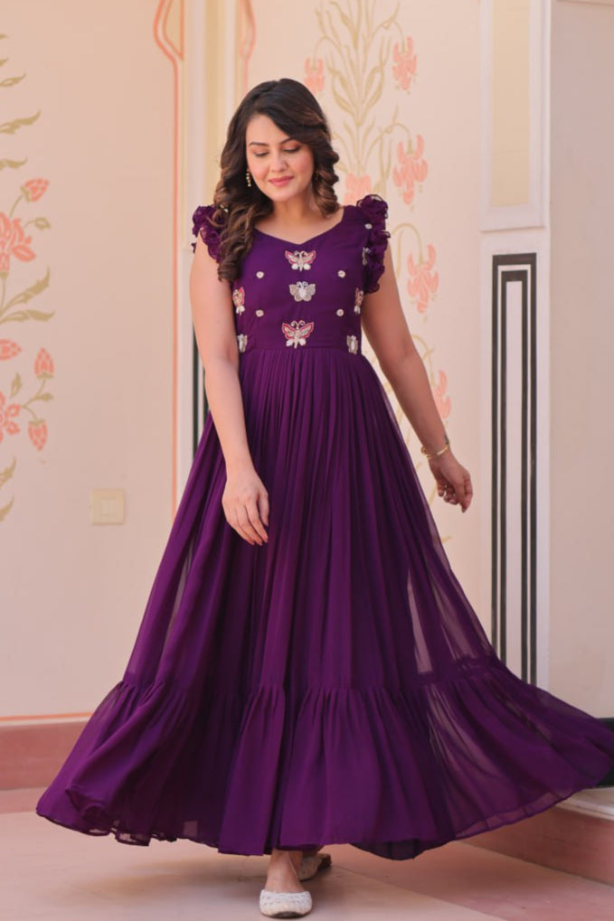 Maroon, Yellow & Purple Designer Partywear Gown
