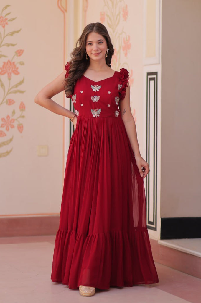 Maroon, Yellow & Purple Designer Partywear Gown