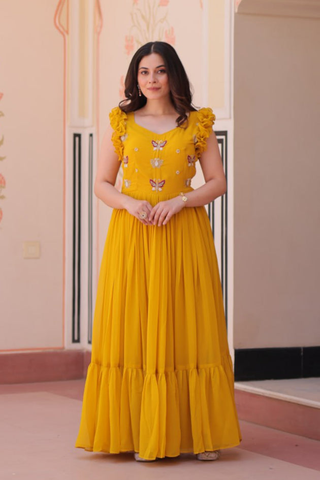 Maroon, Yellow & Purple Designer Partywear Gown