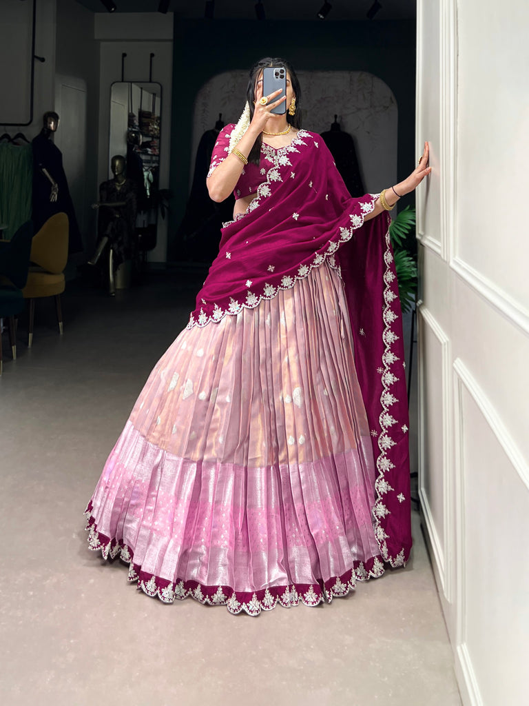 Pista, Peach, Pink And Orange Colored Zari Kota Lehenga Choli Set