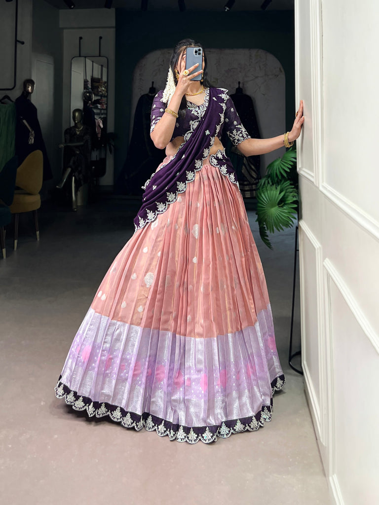 Pista, Peach, Pink And Orange Colored Zari Kota Lehenga Choli Set