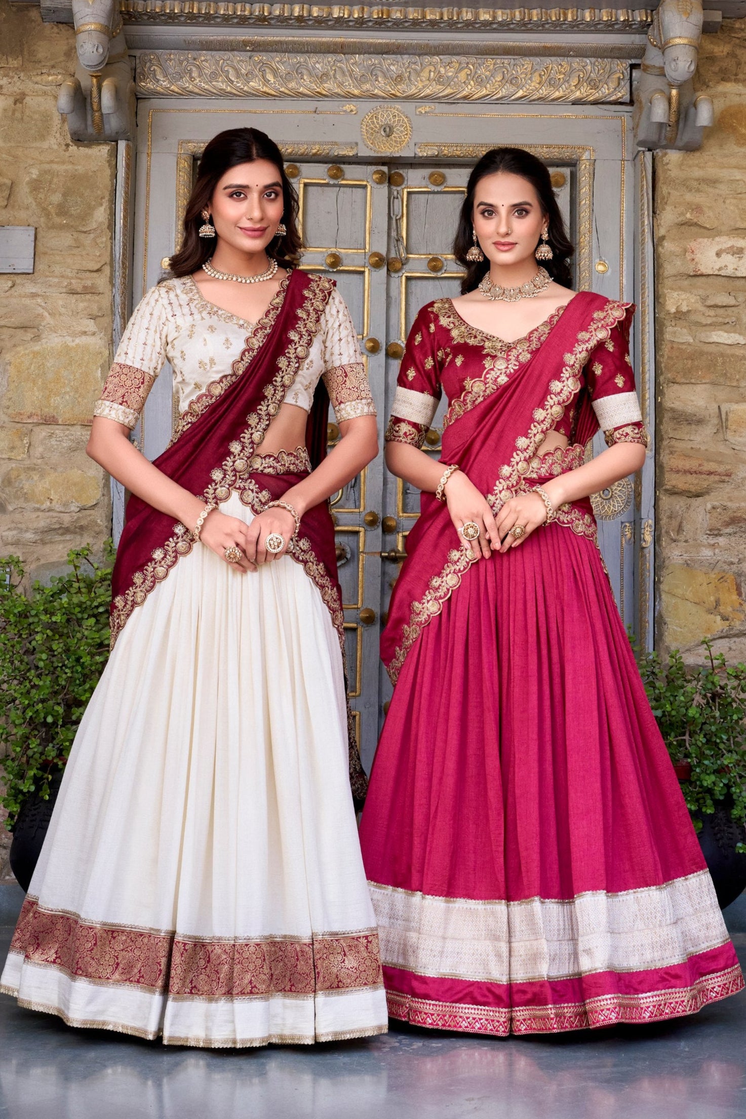 White & Maroon Lehenga Choli Set