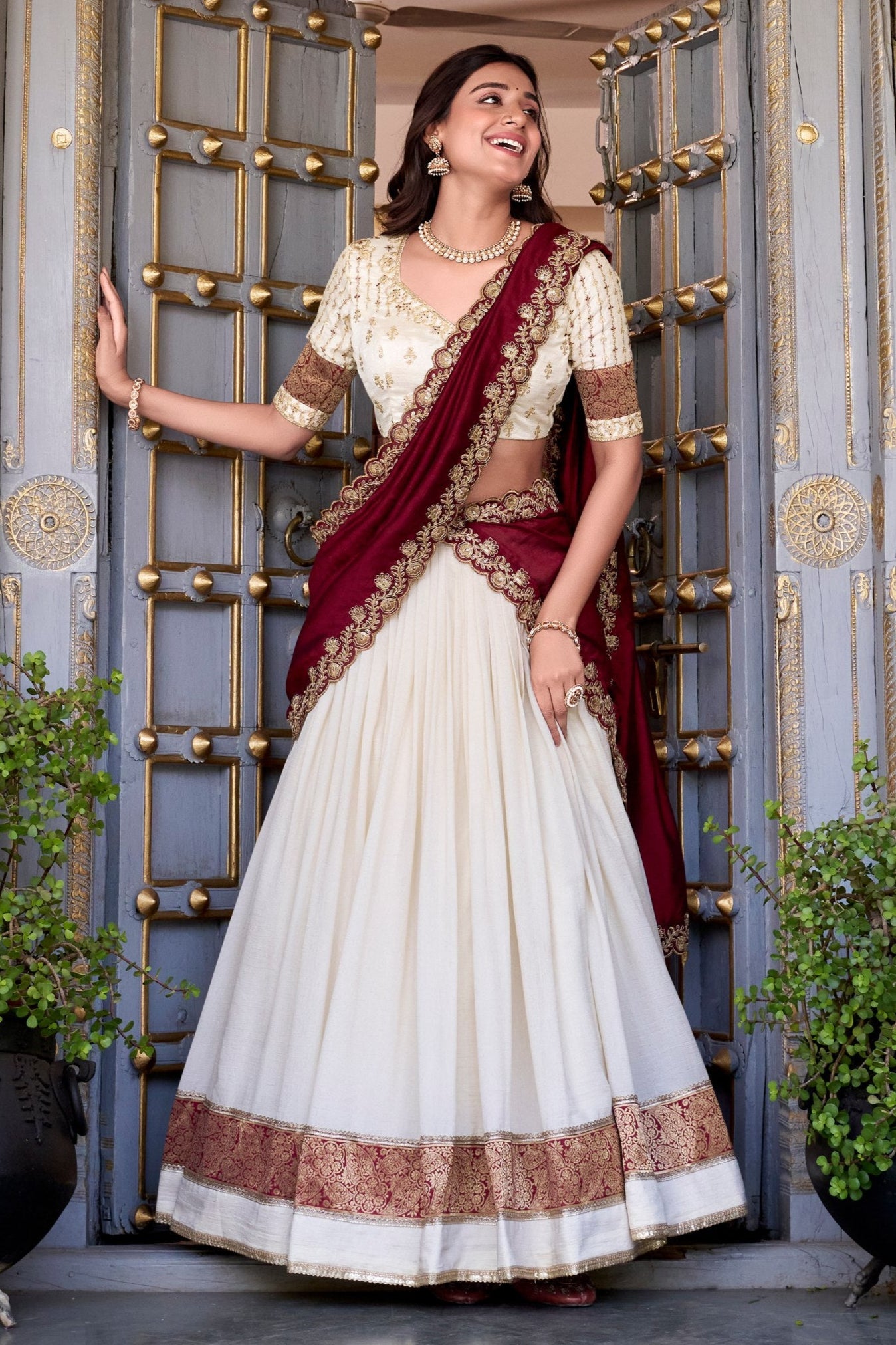 White & Maroon Lehenga Choli Set