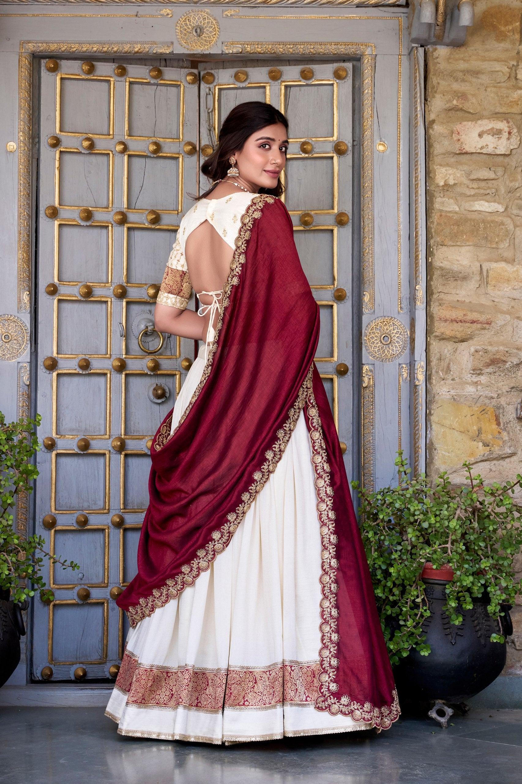 White & Maroon Lehenga Choli Set