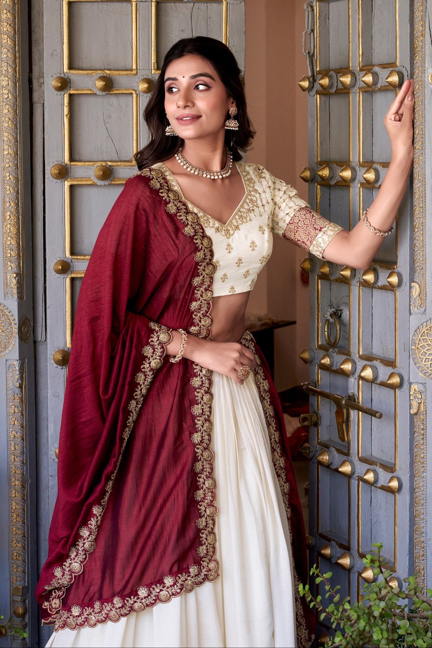 White & Maroon Lehenga Choli Set