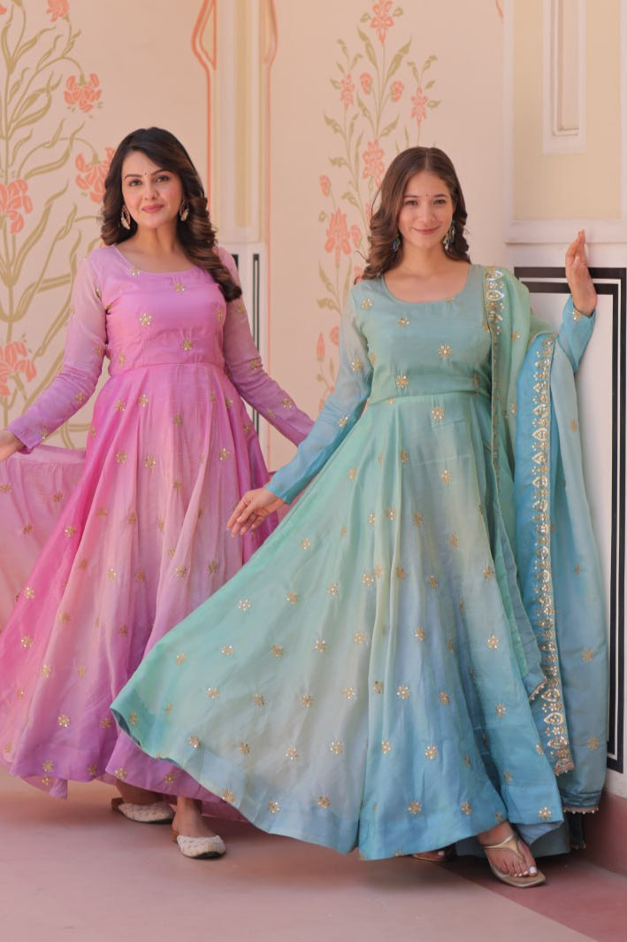 Pink & Sky Pedding Gold Organza With Sequins-Multi &amp; Zari Embroidered Work Gown