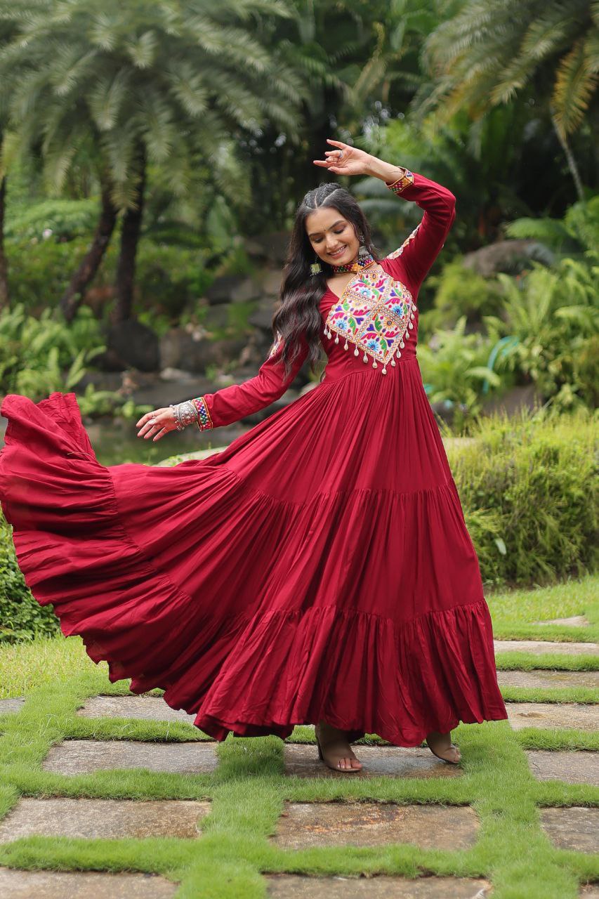 Maroon Kutchi Gamthi Work Gown