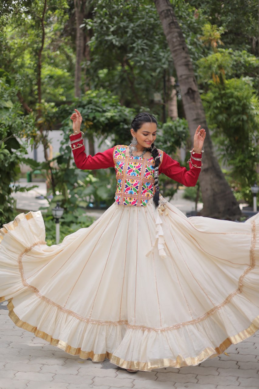 Designer Kora Cotton Lehenga Choli Set with Kutchi Gamthi Embroidery & Mirror Lace Detailing