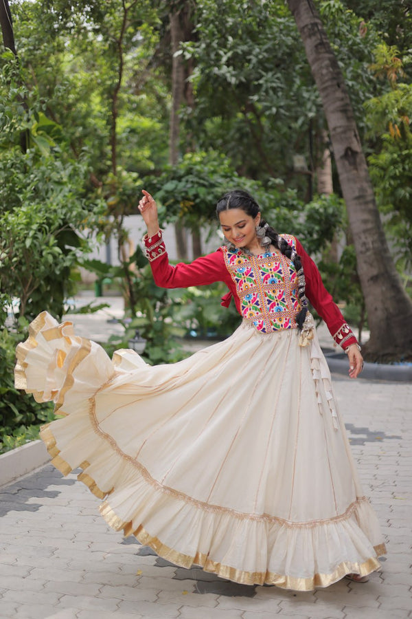 Designer Kora Cotton Lehenga Choli Set with Kutchi Gamthi Embroidery & Mirror Lace Detailing