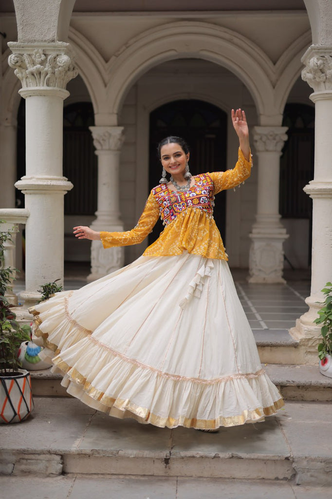 Traditional Kora Cotton Bandhani Lehenga Choli with Kutchi Gamthi Patchwork
