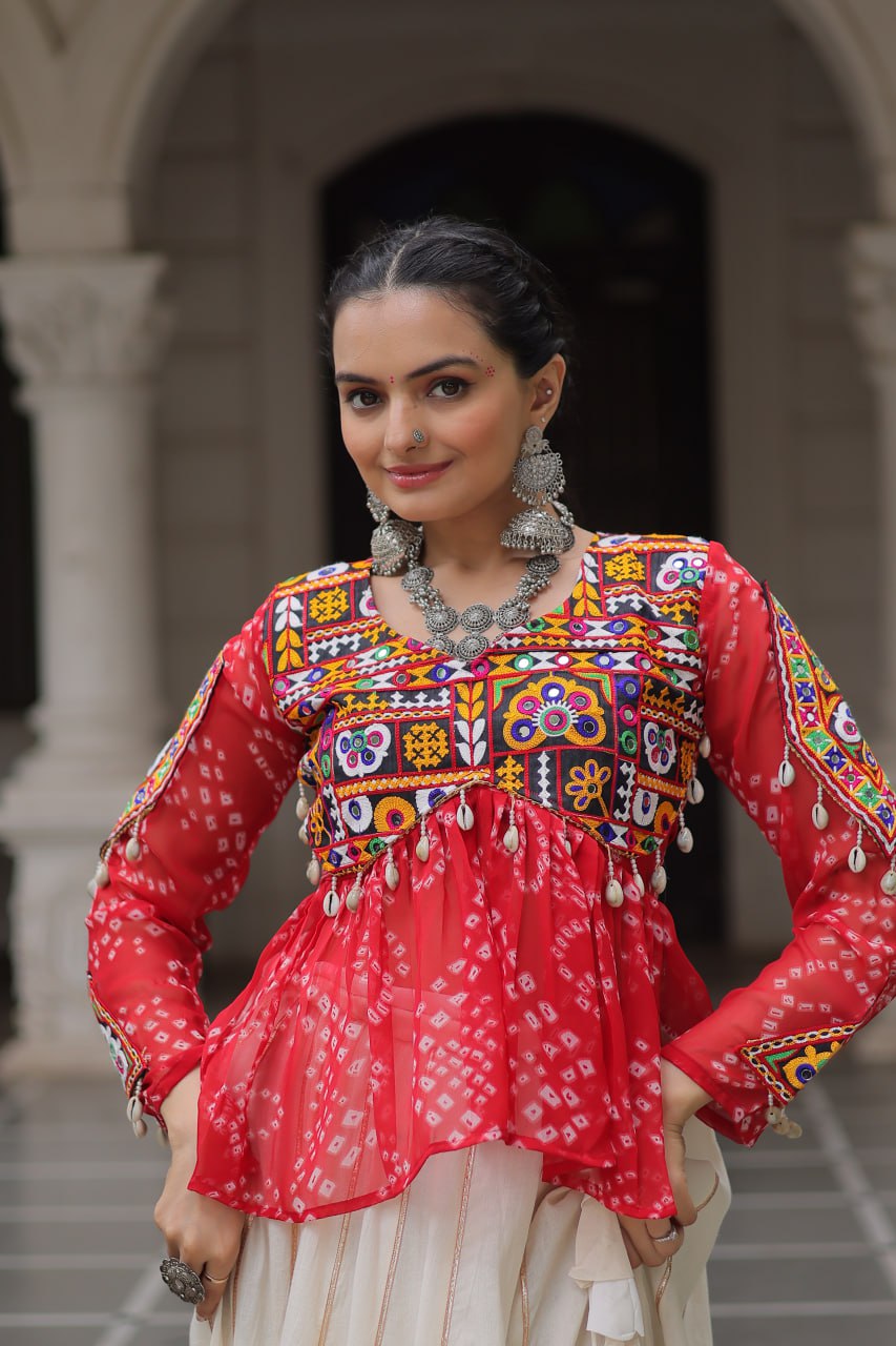 Traditional Kora Cotton Bandhani Lehenga Choli with Kutchi Gamthi Patchwork