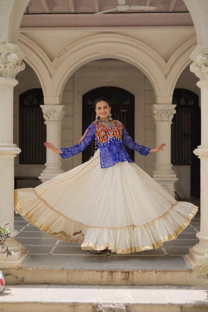 Traditional Kora Cotton Bandhani Lehenga Choli with Kutchi Gamthi Patchwork