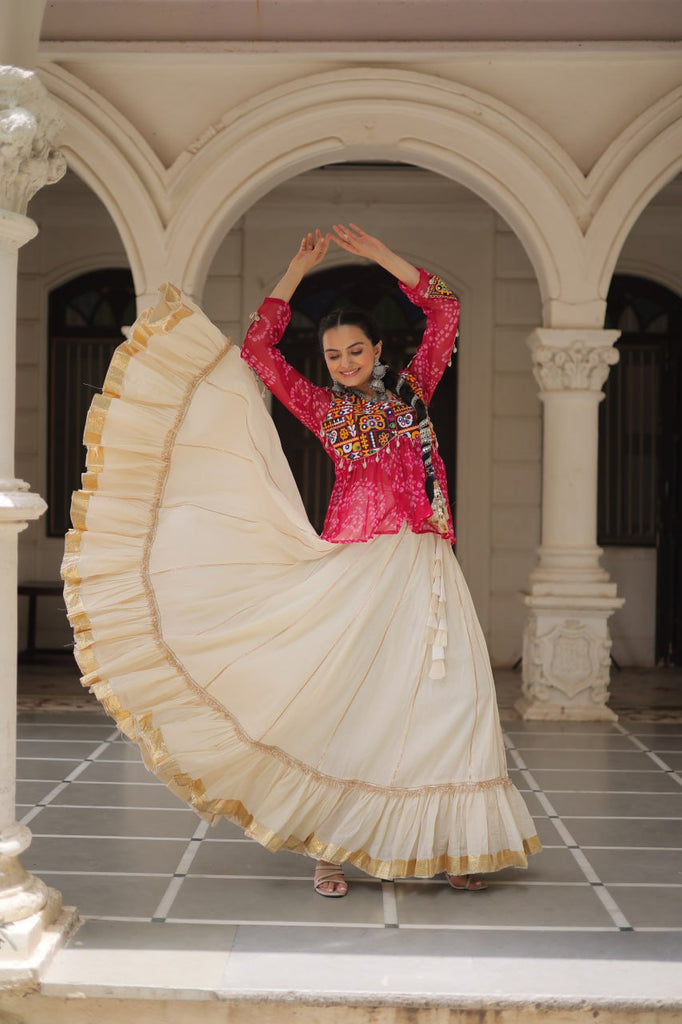 Traditional Kora Cotton Bandhani Lehenga Choli with Kutchi Gamthi Patchwork
