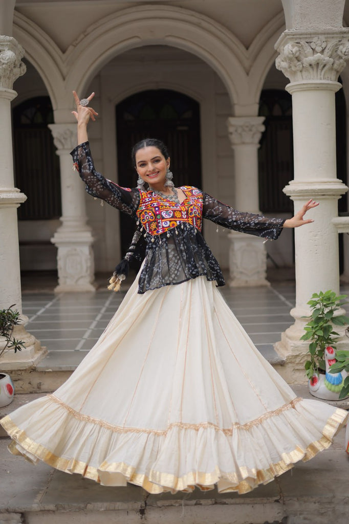 Traditional Kora Cotton Bandhani Lehenga Choli with Kutchi Gamthi Patchwork