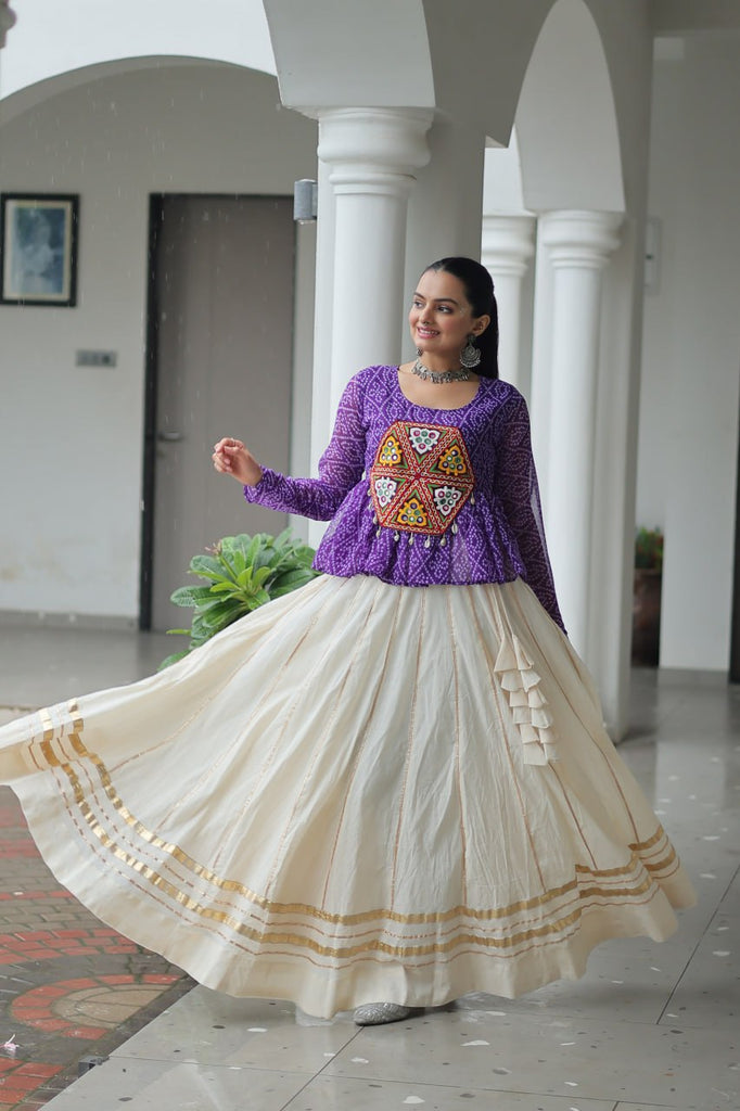 Graceful Kora Cotton Bandhani Lehenga Choli with Kutchi Gamthi Patchwork