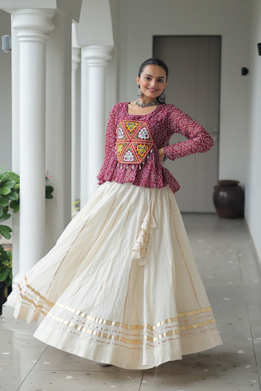 Graceful Kora Cotton Bandhani Lehenga Choli with Kutchi Gamthi Patchwork