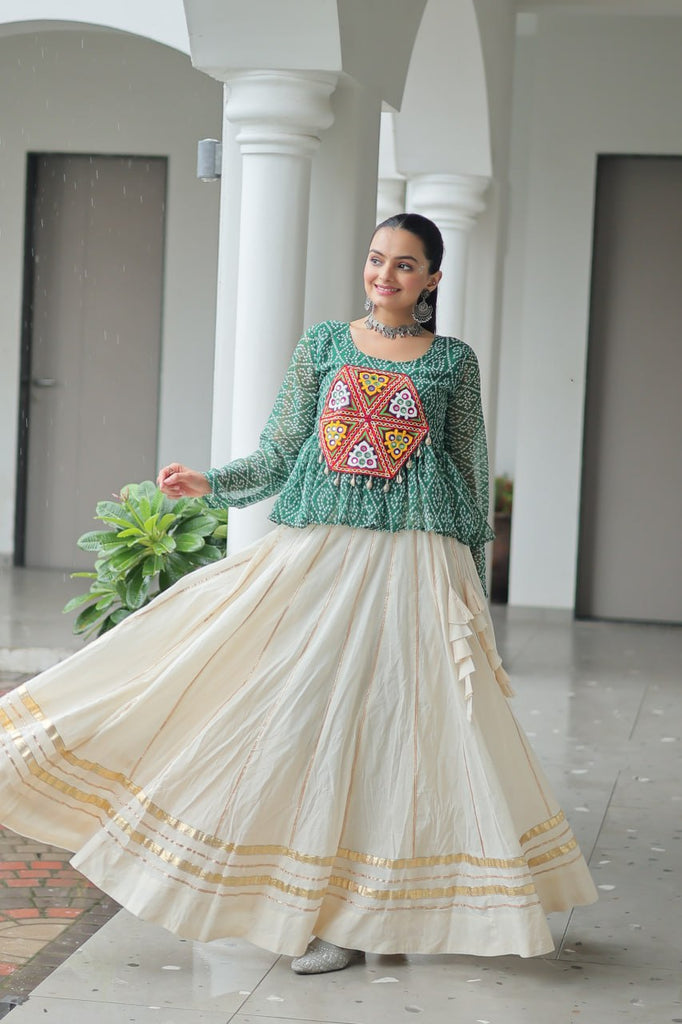 Graceful Kora Cotton Bandhani Lehenga Choli with Kutchi Gamthi Patchwork