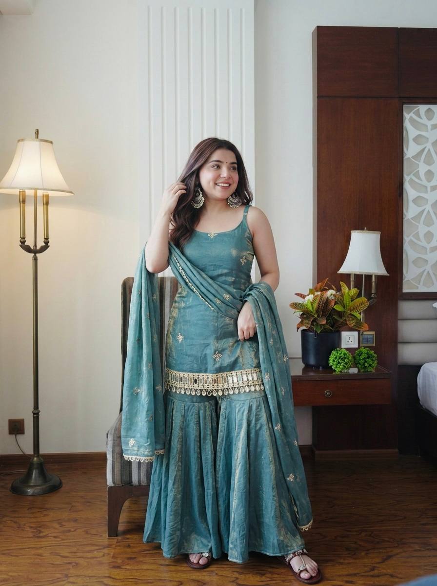 Premium Fendy Silk Sharara Set with Real Mirror Work