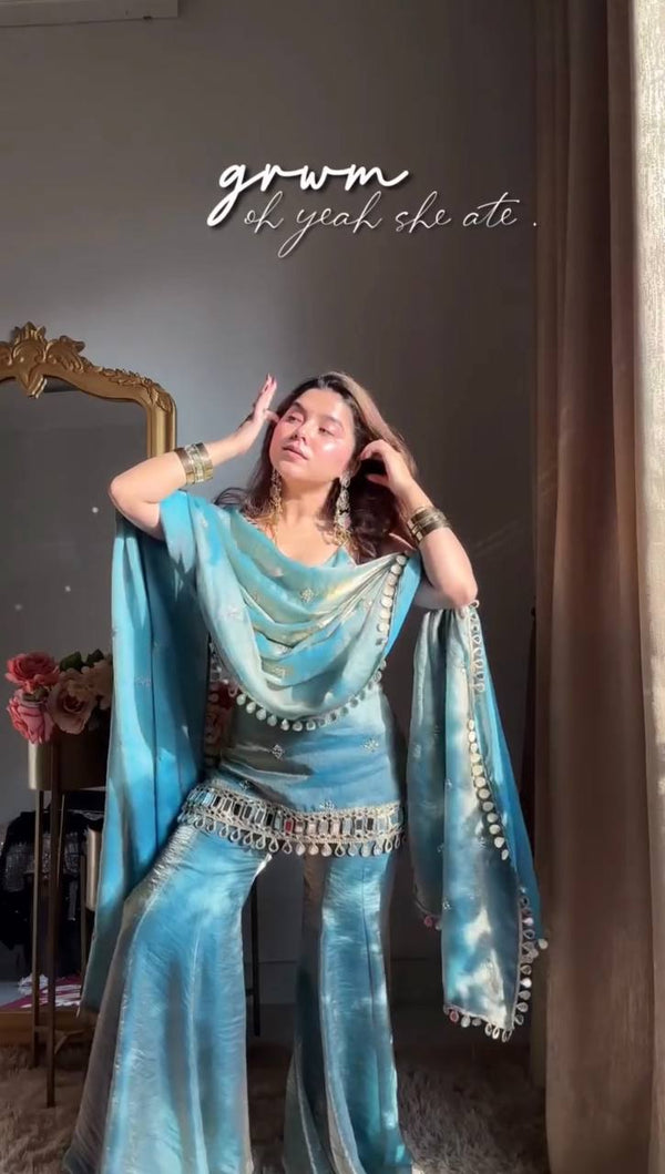 Premium Fendy Silk Sharara Set with Real Mirror Work