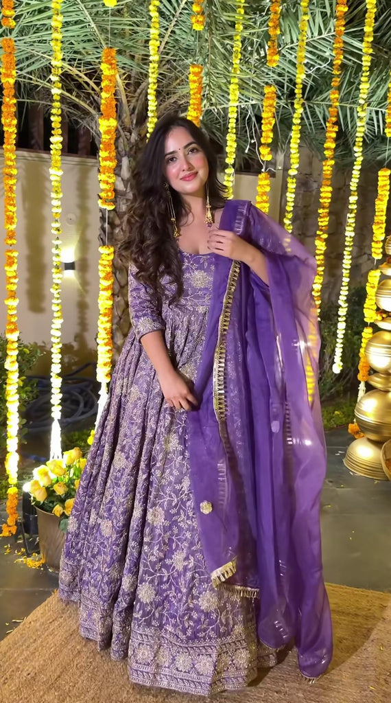 Designer Crunchy Silk Anarkali Suit Set with Organza Dupatta