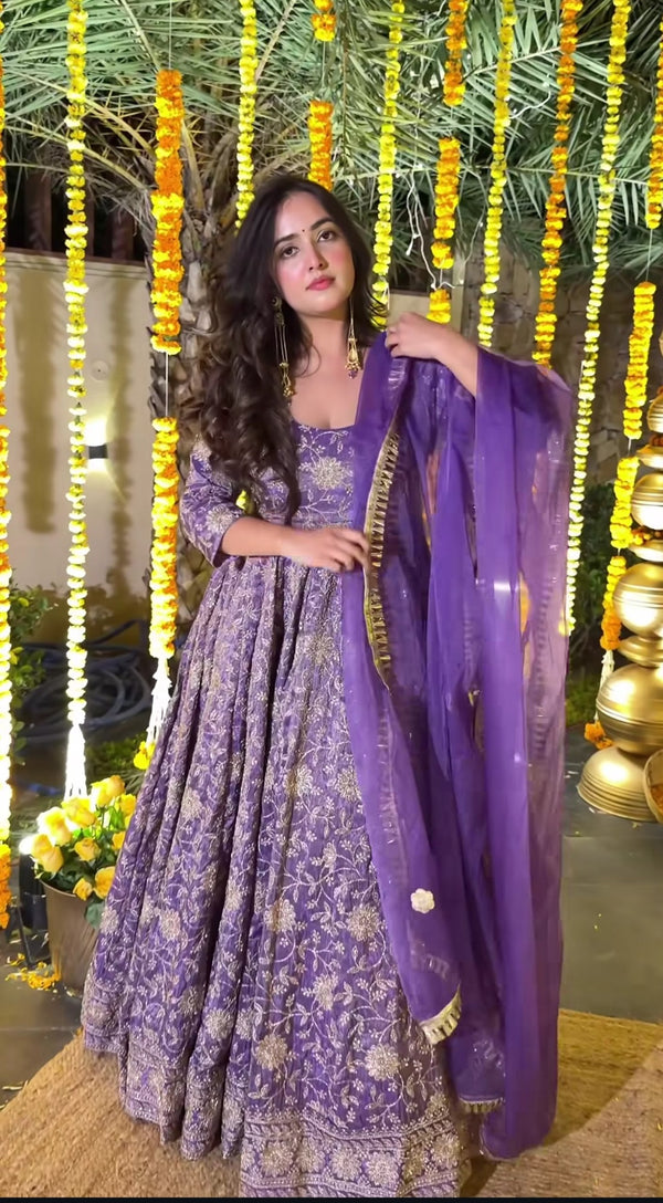 Designer Crunchy Silk Anarkali Suit Set with Organza Dupatta