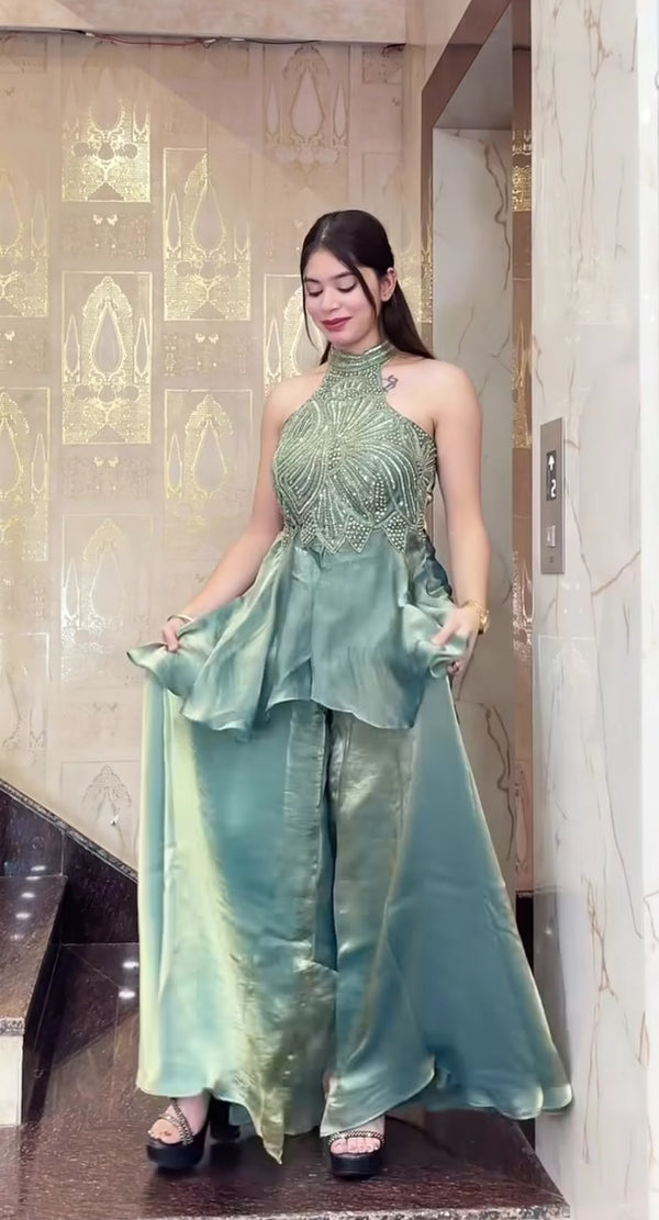 Elegant Fandy Silk Full Neck Sharara Set