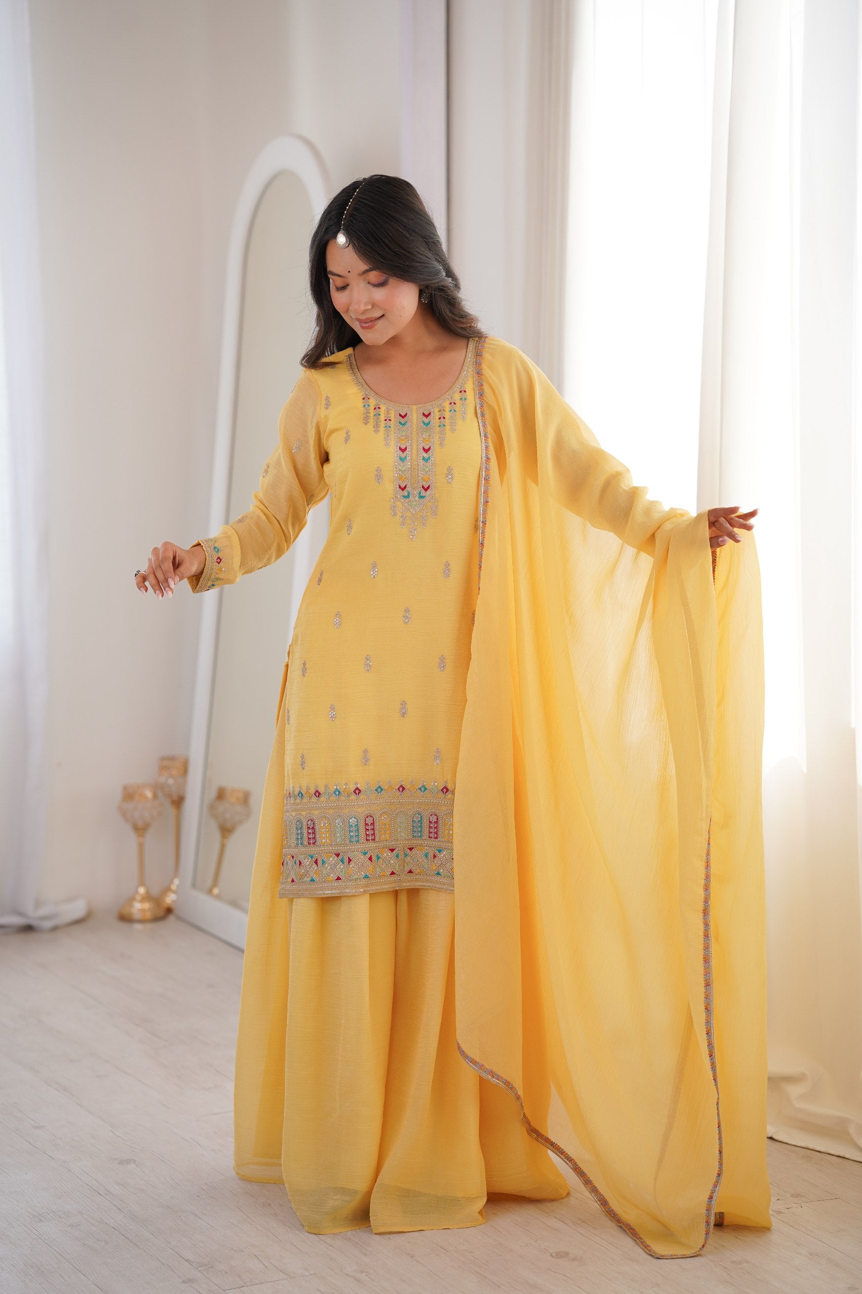 Elegant Crunchy Silk Kurta Sharara Set