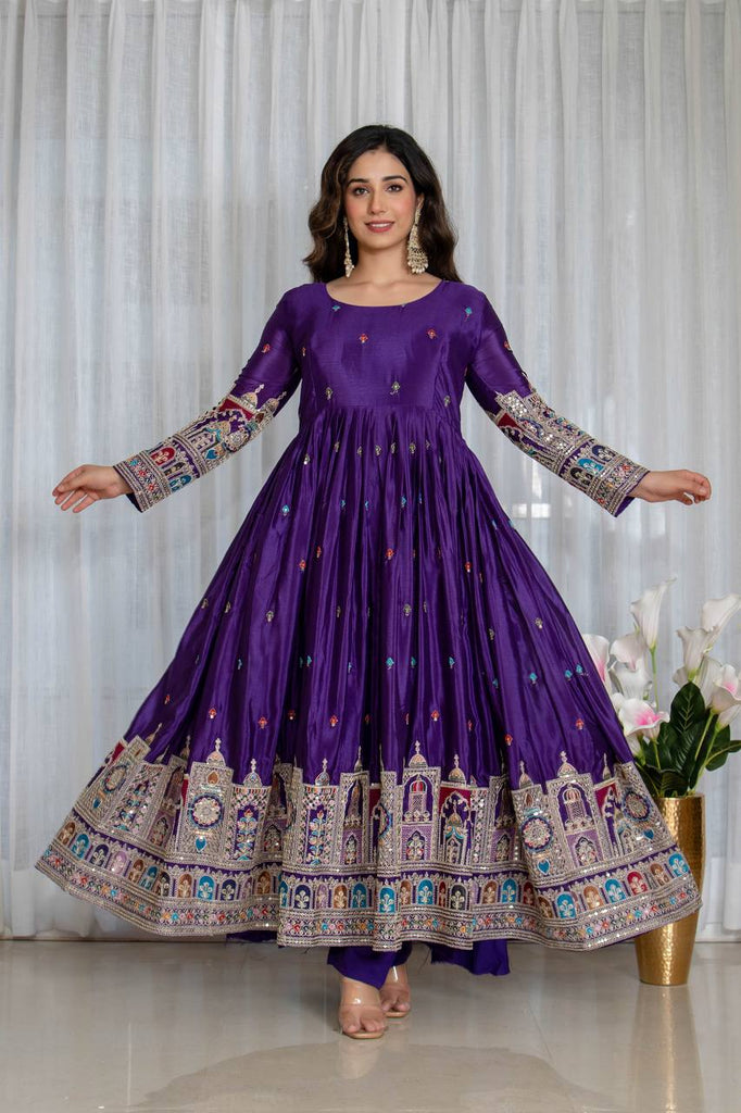 Pure Chinnon Silk Embroidered Anarkali Gown Set