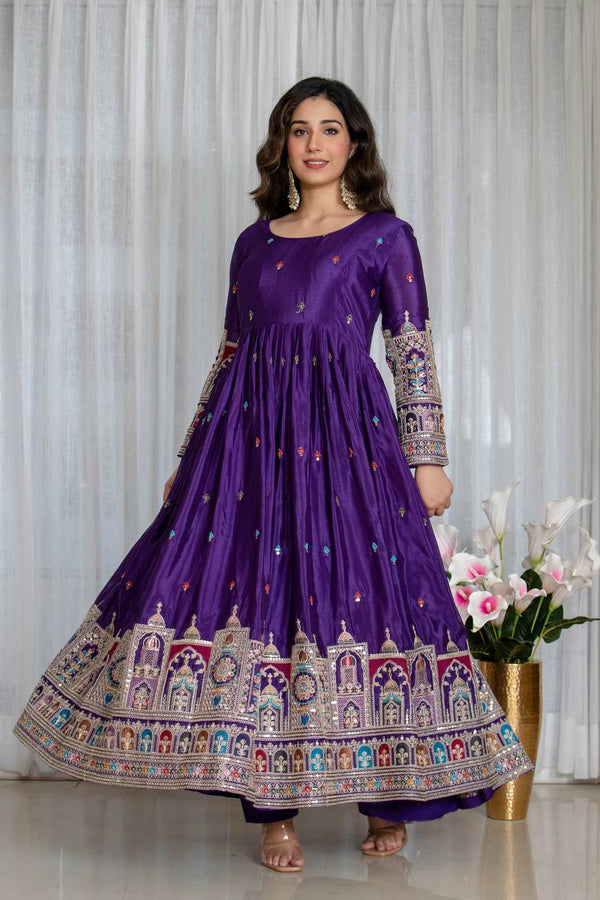 Pure Chinnon Silk Embroidered Anarkali Gown Set