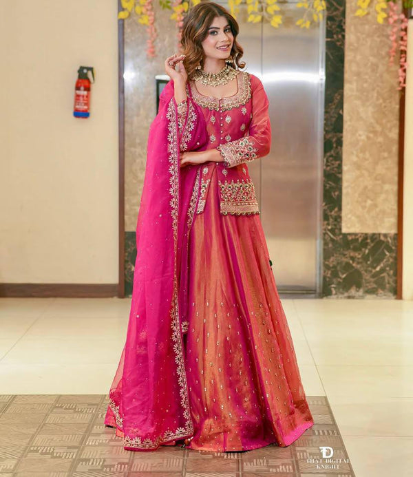 Simmer Silk Embroidered Lehenga Set with Organza Dupatta