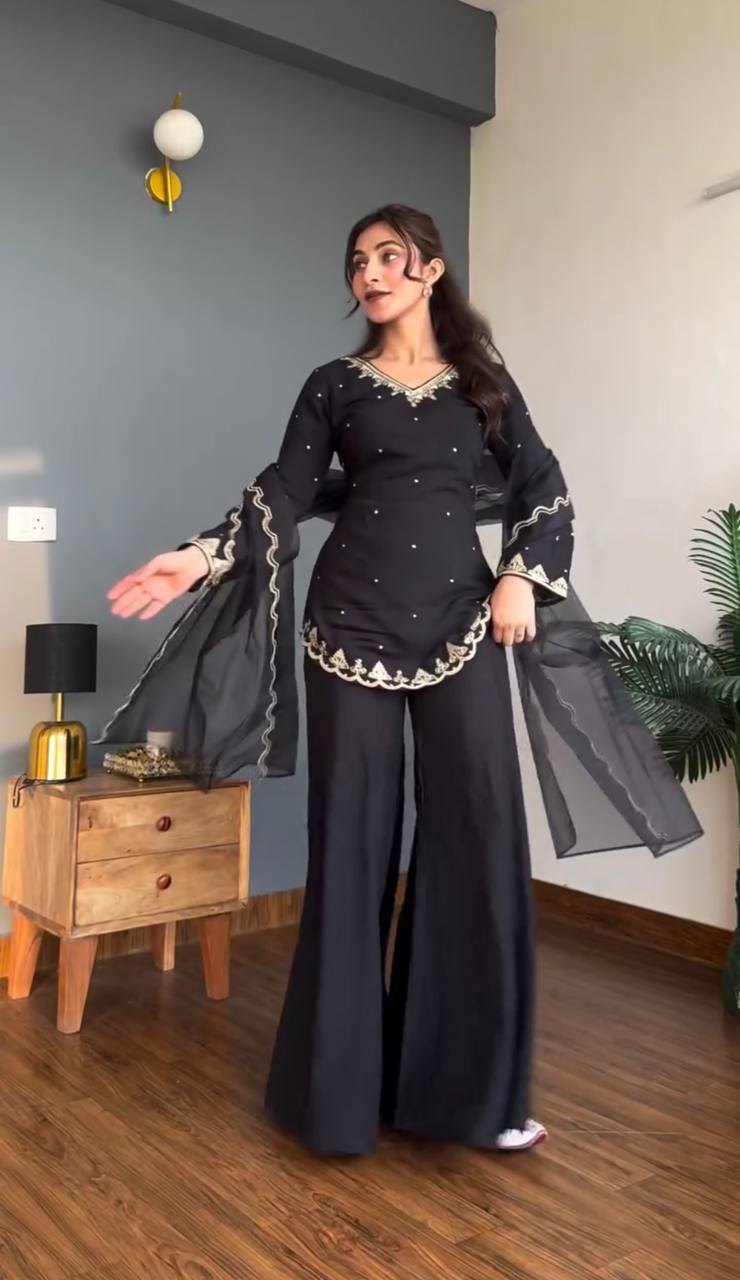 Designer Crepe Silk Sharara Palazzo Set with Organza Dupatta