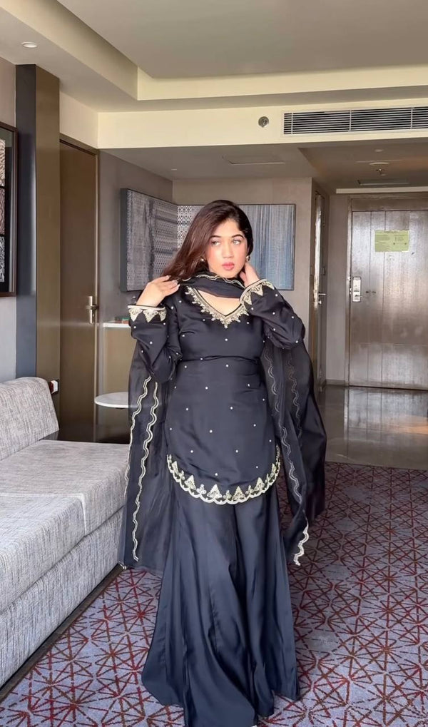 Designer Crepe Silk Sharara Palazzo Set with Organza Dupatta