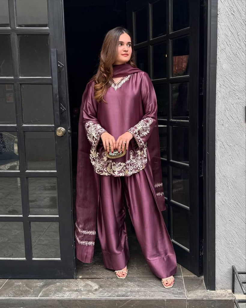 Natural Crepe Silk Embroidered Top Farshi Pant Set