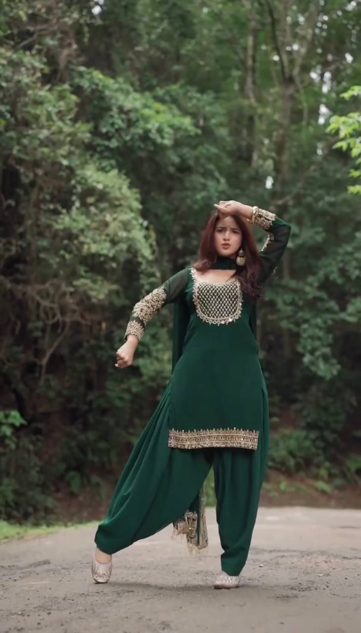 Faux Georgette Embroidered Top Patiyala Set with Dupatta