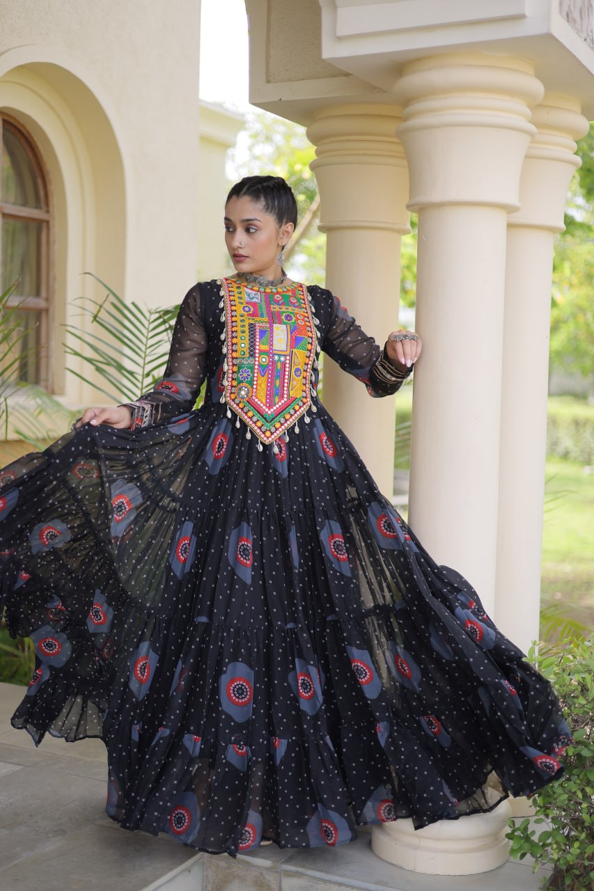 Black Bandhani Print Kutchi Work Navratri Gown