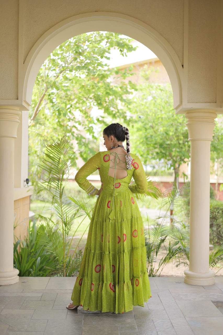 Green Bandhani Print Kutchi Work Navratri Gown