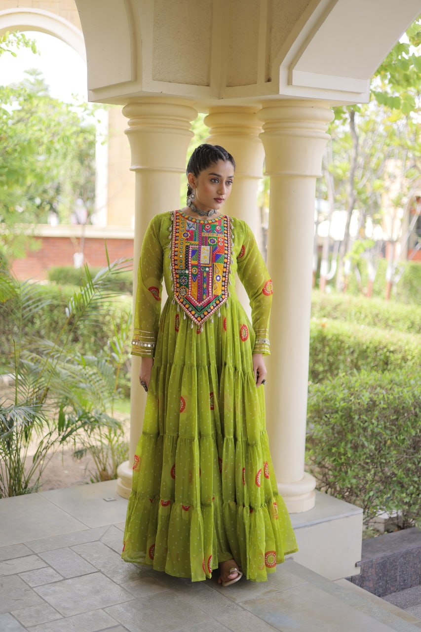 Green Bandhani Print Kutchi Work Navratri Gown
