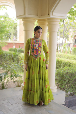 Green Bandhani Print Kutchi Work Navratri Gown