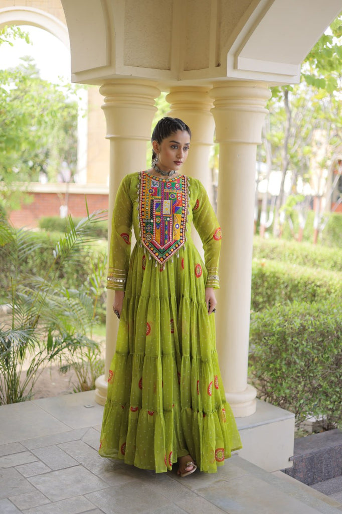 Green Bandhani Print Kutchi Work Navratri Gown